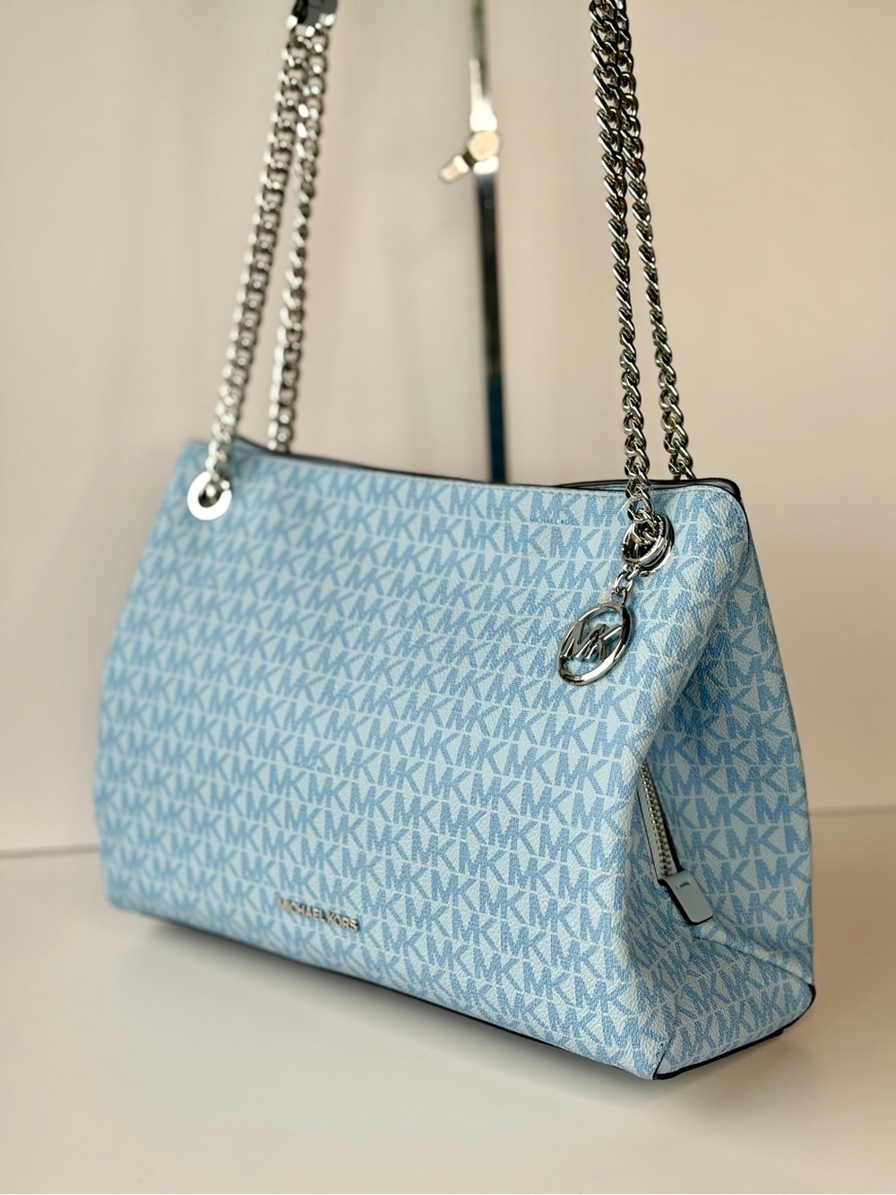 Michael Kors Pale Blue MK Logo Chain Shoulder Bag